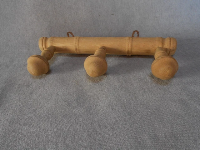 French Vintage WOOD Coat & Hat Rack w/ 3 Mushroom Pegs