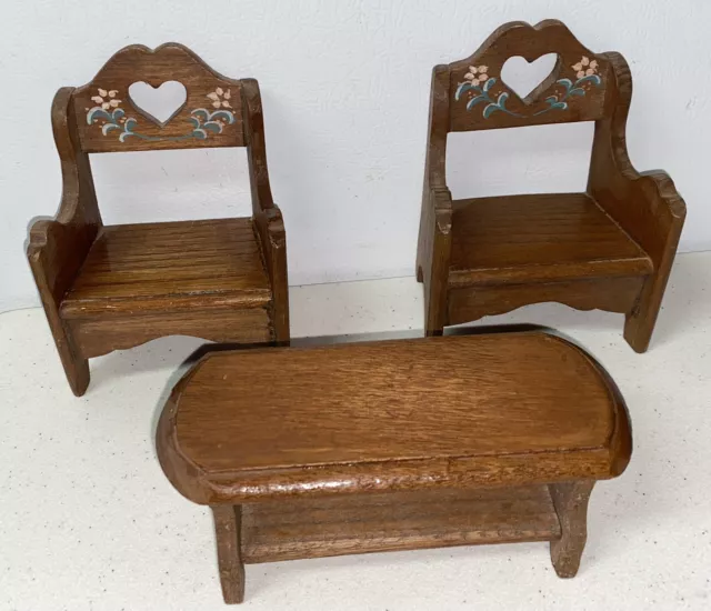 Vintage Doll House Furniture PA Dutch Style Tole Painting 2 Chairs Table VFL61E