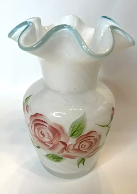 Fenton Art Glass Teleflora Vase White Opalescent Hand Painted Roses Ruffled Vase