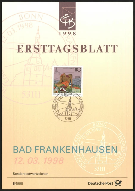 Ersttagsblatt ETB 8/1998 - "1000 Jahre Bad Frankenhausen" - Stadtansicht