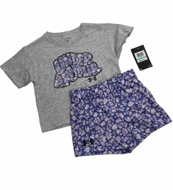 NWT Under Armour T Shirt And Shorts Set Girls Size 5 Gray Purple Glitter  Logo