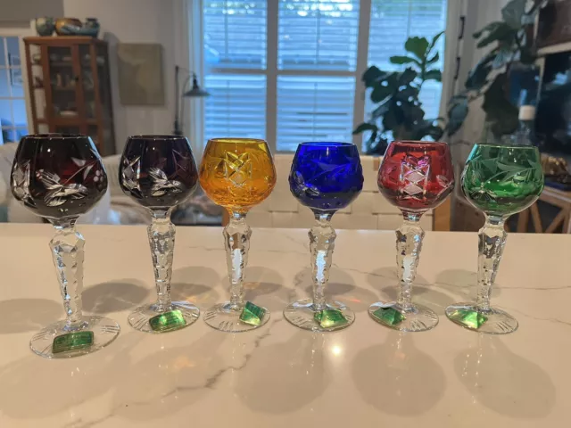 Vintage Lausitzer Multi-Colored Set of 6 Crystal Cut to Clear Cordial Glass, NWT