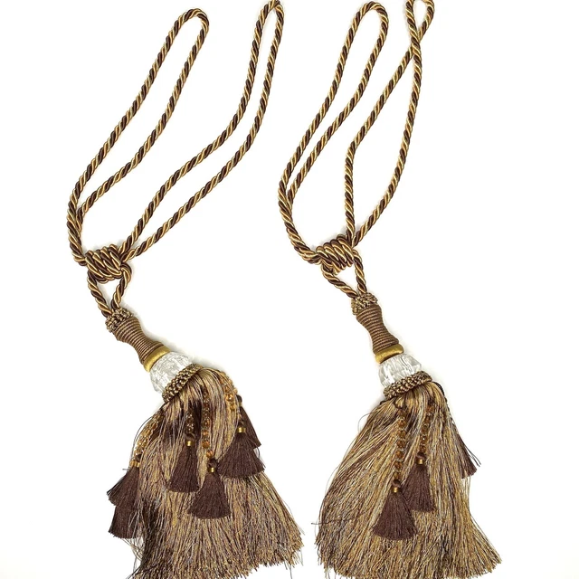 Set Of 2 Hand Woven Curtain Rope Window Brown Gold Tassel Amber Beads 29" Long