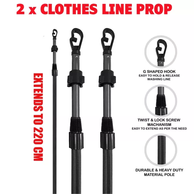 2 X Extending Clothes Prop Washing Line Pole Galvanised Heavy Duty Support 2.2m