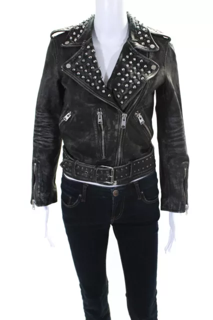 Allsaints Womens Leather Collared Studded Short Biker Jacket Black Size 2