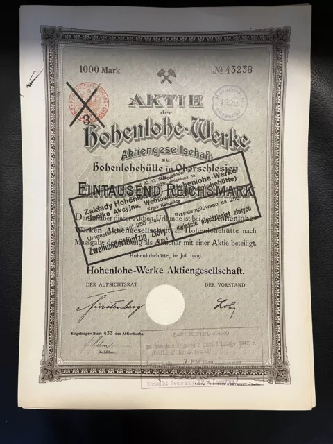 Hohenlohe-Werke AG 1909, Gründer-Aktie 1909, Oberschlesien Fürstenberg Faksimile