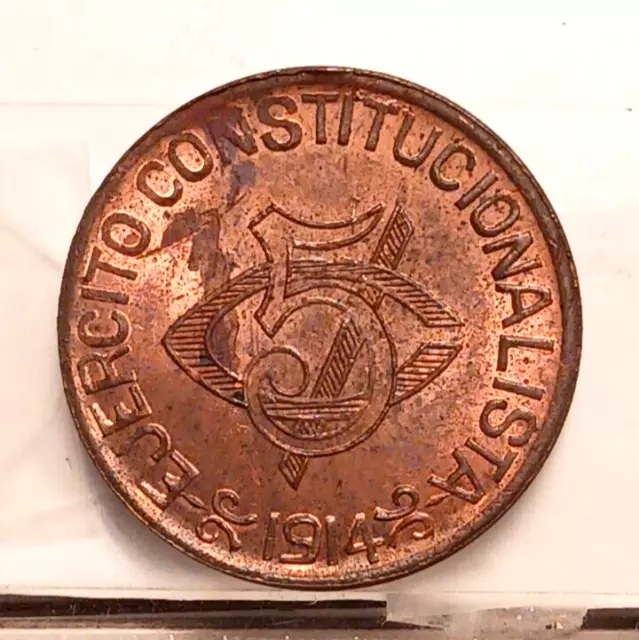 Mexico 5 Centavos 1914 Contitutionalist Army Chihuahua Copper Unc Details Km613