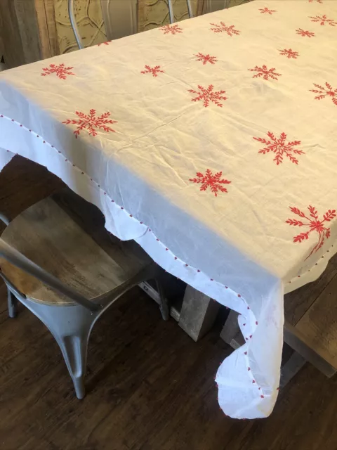 Sheer White Table Cloth Embroidered Red Poinsettia Snowflake Rectangle 60”x 88”