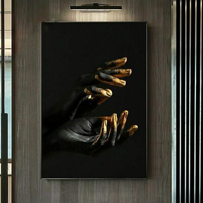 Black African Woman Hands With Golden Fingers Canvas Painting Wall Art Print Art