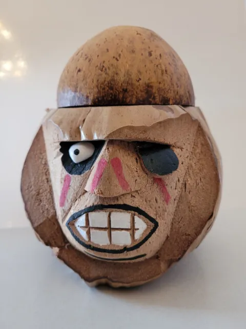 Hand Carved Coconut Tiki Figure Pirate Head Drink Holder - Pina Colada