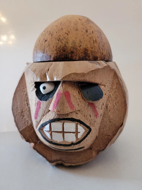 Hand Carved Coconut Tiki Figure Pirate Head Drink Holder - Pina Colada