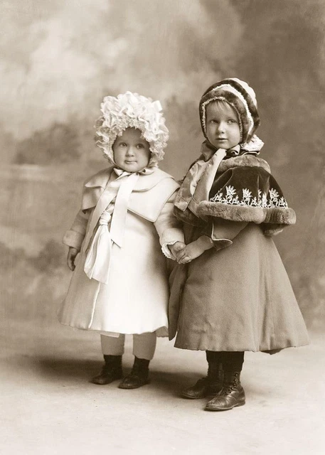 Victorian Era,Young Girls Wearing Winter Coats, Bonnets c.1900 Photo Reprint 5x7
