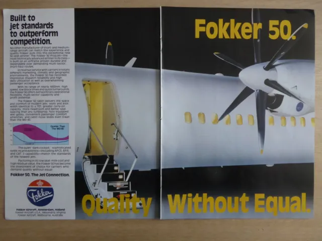 2/1988 Pub Fokker Aircraft Fokker 50 Commuter Original Ad
