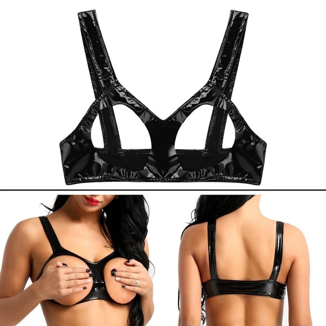 Soutien-gorge femme étagère sans coupe faux cuir tasse ouverte sexy-lingerie m