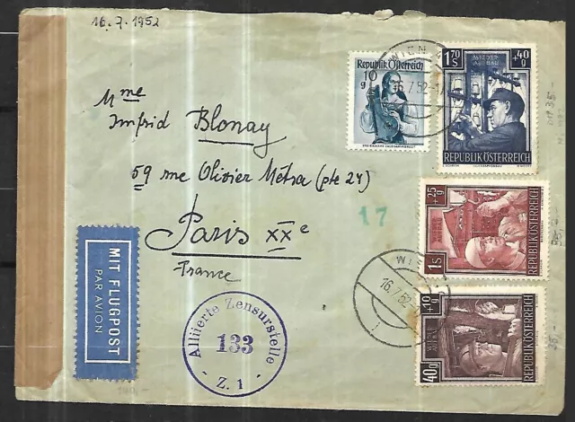 AUTRICHE Lettre  Censurée  par avion du 16 07 1952  WIEN pour Paris