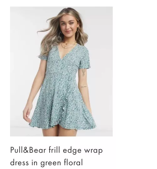 PULL BEAR Green Floral Wrap Mini Dress Size Large New With Tags