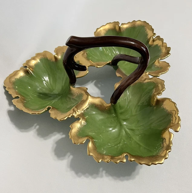Vintage Mid Century Ceramic Triple Leaf Shaped Nut Candy Dish, Twig Handle *Read