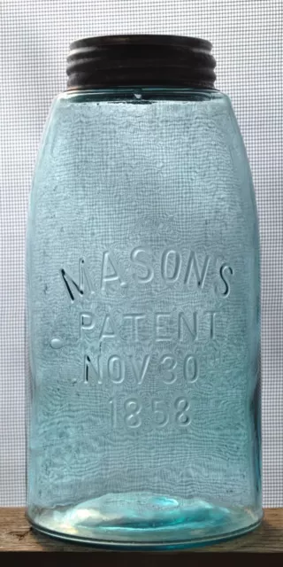 Vtg MASON'S PATENT NOV 30TH 1858 1/2 HALF~GALLON Fruit Jar ~ BALL BLUE w/ SWIRLS