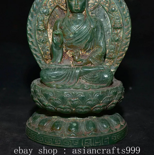 7.2" Ancient Chinese Green Jade Carved Ksitigarbha Boddhisattva Statue Sculpture 3