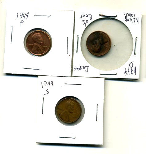 1949 P,D,S Wheat Pennies Lincoln Cents Circulated 2X2 Flips 3 Coin Pds Set#168