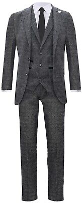 Mens Light Grey 3 Piece Tweed Suit Herringbone Wool Vintage Retro Peaky Blinders