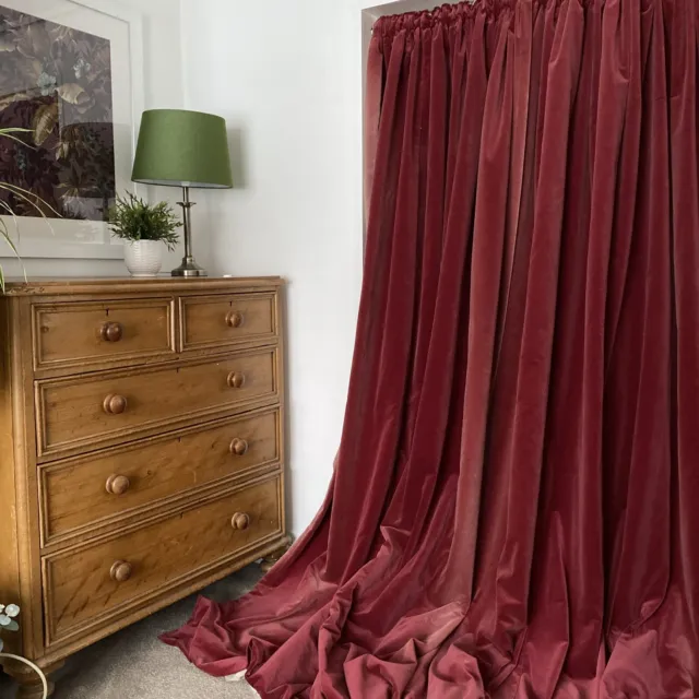 PAIR VINTAGE EXTRA LONG INTERLINED RED COTTON VELVET CURTAINS W67”xL 98” ISSUES
