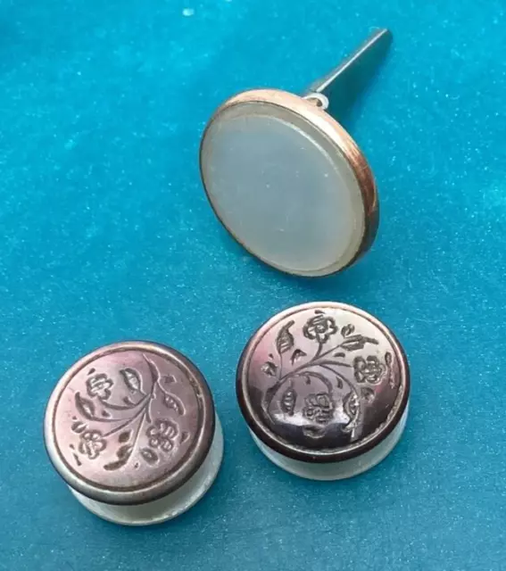 2 Antique Etched Abalone & Mother Of Pearl Buttons Shirt Studs & 1 Gold Backed