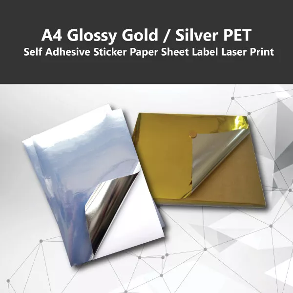 A4 Glossy Gold / Silver PET Self Adhesive Sticker Paper Sheet Label Laser Print