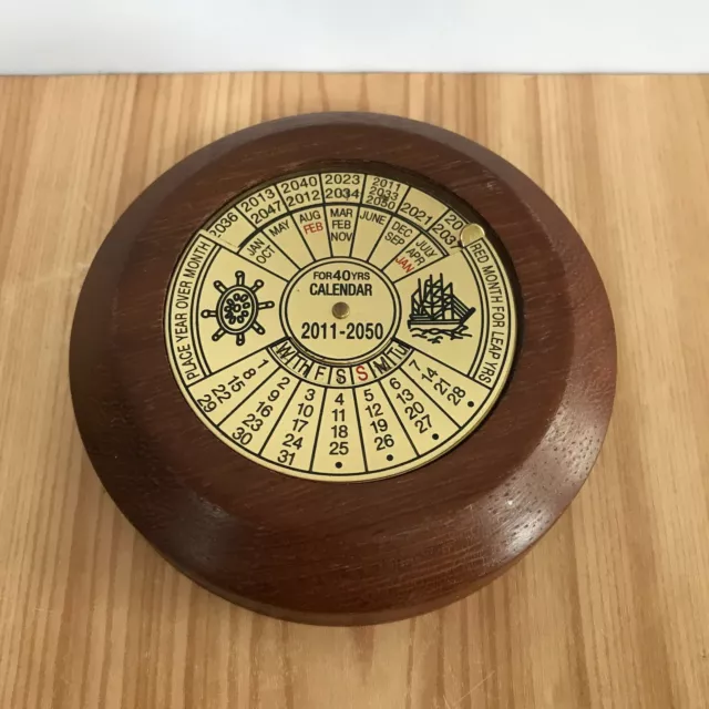 Brass Perpetual Calendar 2011-2050 Reclaimed Teak Surround Hand Turned Nautical