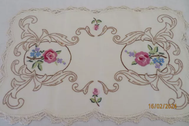 Exquisitely Hand Embroidered Vintage Linen Tray Cloth