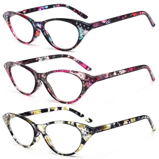 3X Comfort Spring Hinge Floral Cat Eye Reading Glasses Women w/ Diamond Fashion