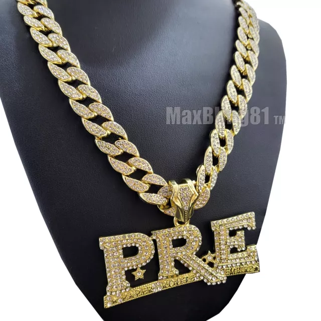 Gold Plated Young Dolph PRE Charm 15mm Iced Cubic Zirconia Cuban Chain Necklace