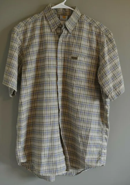 Mens CARHARTT Blue Brown Plaid Short sleeve Button Down Shirt Medium