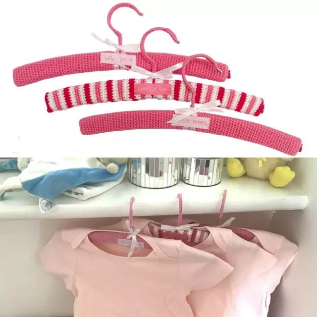 Bombay Duck Set of 3 Pink Crochet Nursery Coat Hangers Girl Gift Baby Shower