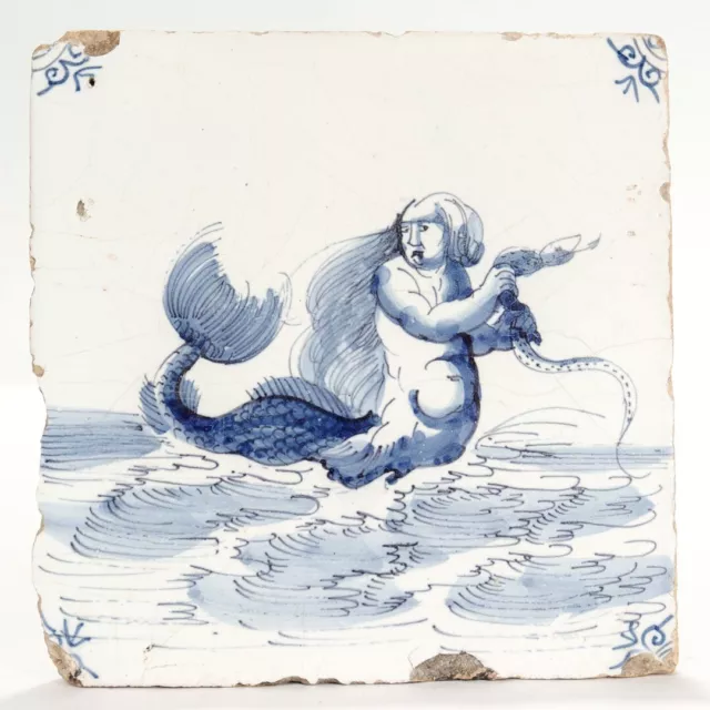 Antique 18th Century Dutch Delft Tile of a Mermaid & Serpent