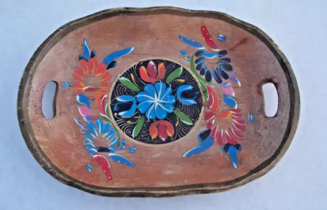 Vtg Mexican Folk Art Tole Wooden Tray Oval Bowl Floral Hand Painted Handles 14"