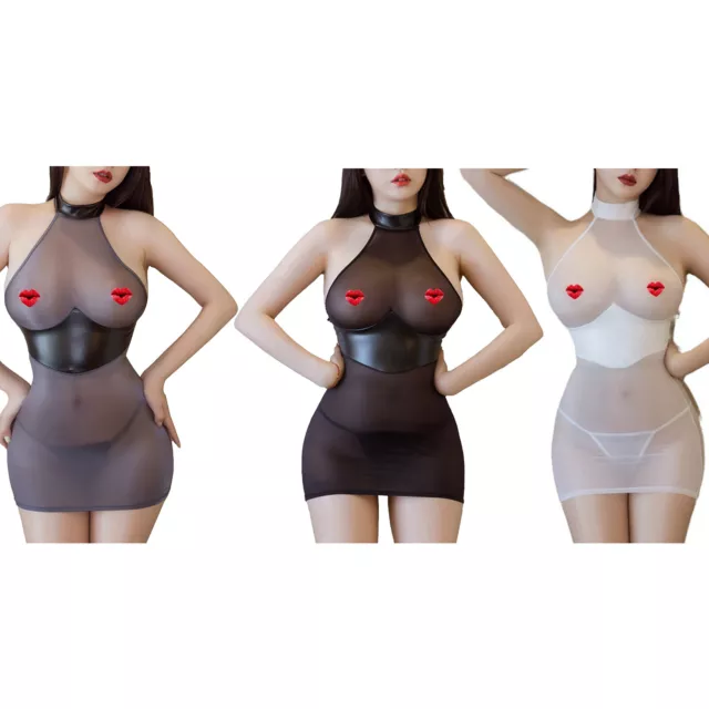 Women Dress With Thong Bodystocking PU Leather Patchwork Clubwear Midnight Mini