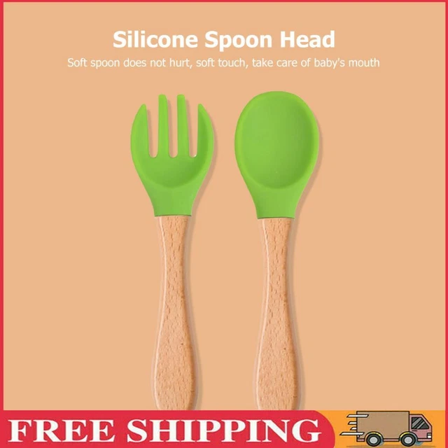 Baby Wooden Silicone Feeding Spoon Toddlers BPA-free Tableware (7)