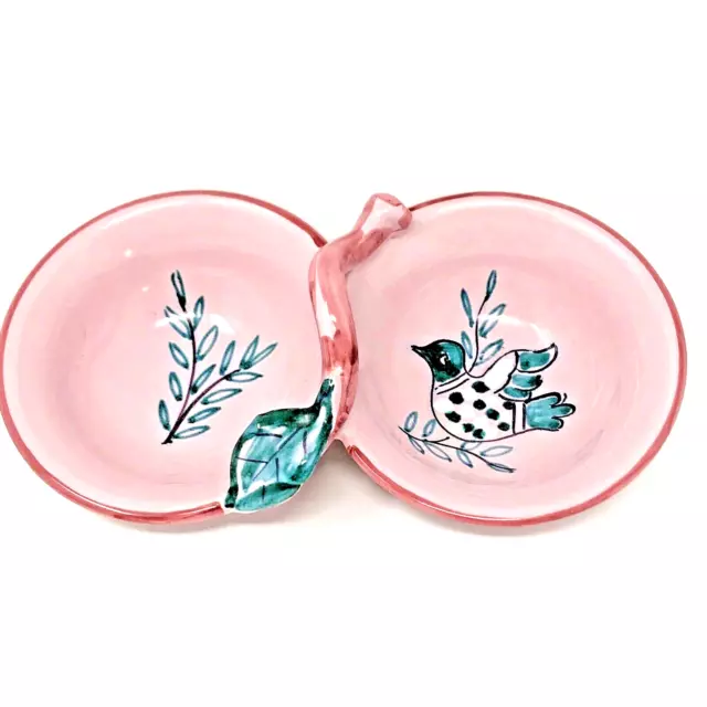 Italian Art Pottery Hand Painted Dish Bird Dove Olive Branch Pink Double Bowl