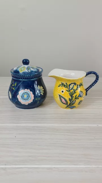 Blue And Yellow Floral Polka Dot Sugar And Creamer