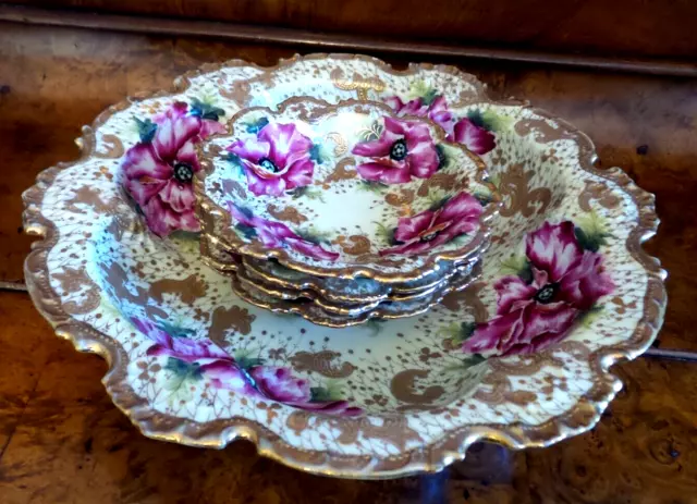 Antique 5 PIECE Nippon Hand Painted Bowl Gold crusted with four smaller bowls