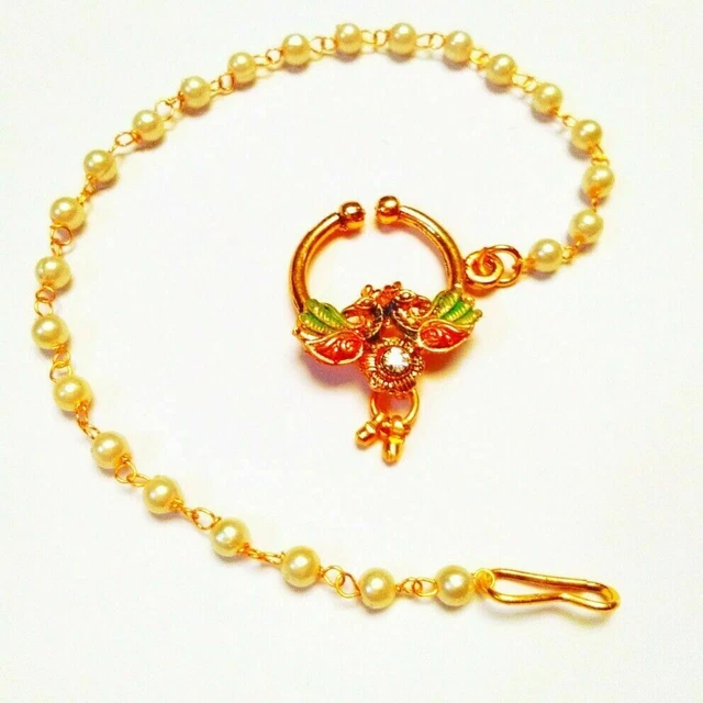 Indian Nath Gold Plated Pearl Bead Long Chain Wedding Nose Ring Fashion Jewelry