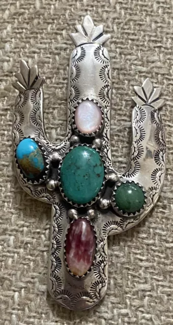 Richard Begay? Navajo Turquoise MOP Sterling Cactus Pendant Pin Brooch