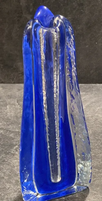 Vintage Cobalt Blue Clear Triangular Fused Abstract Art Glass Bud Vase