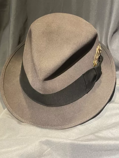 Man’s hat, homburg style with small feather in band, 7 3/8 Bollman label