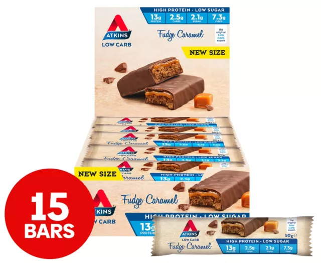 15 x Atkins Low Carb Bars Fudge Caramel 50g Protein Bar Diet Snack