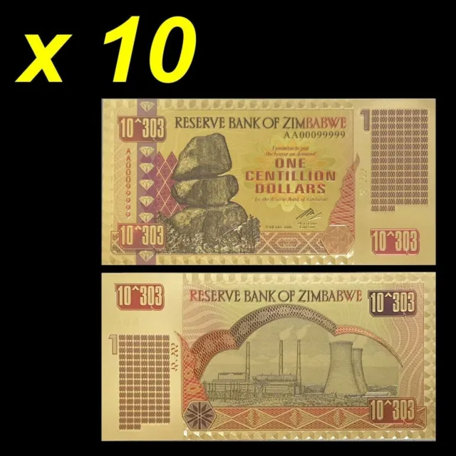 Zimbabwe 1 Centillion Dollars 10 Pcs Lot Gold Foil Banknote 100 Trillion Series