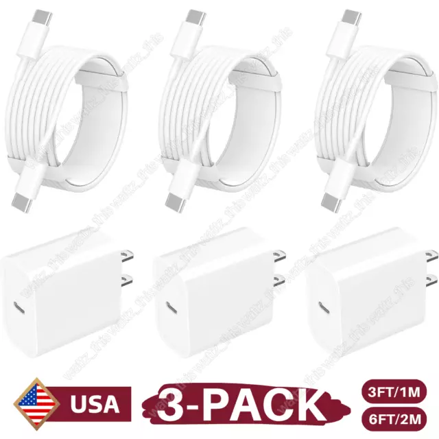 Nuevo Cubo Cargador Rápido 20W PD Tipo C Cable Para iPhone 15 Pro Samsung Paquete de 3 Lote