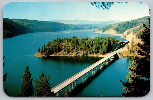 Lake Coeur DAlene Idaho Blue Creek Bay Bridge Aerial View Chrome Postcard