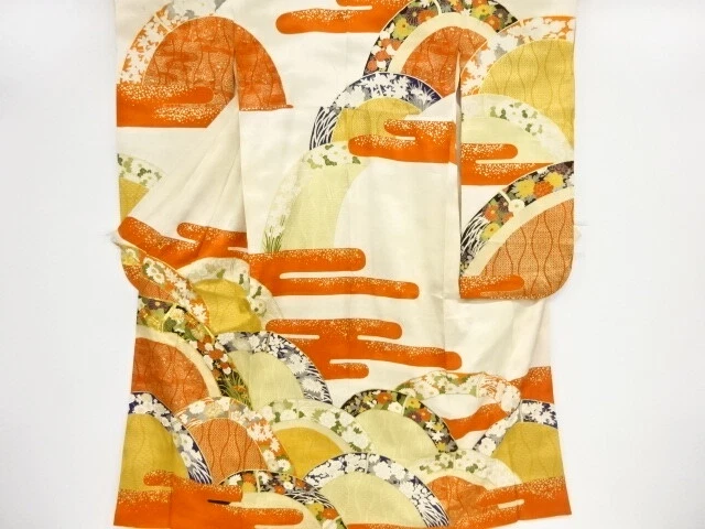 41119# Japanese Kimono / Antique Furisode / Embroidery / Flower & Traditiona